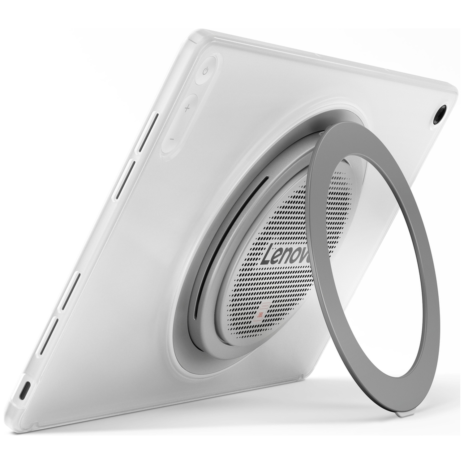 Dos d'une tablette Lenovo dans une coque blanche avec support rond et haut-parleur intégrés.