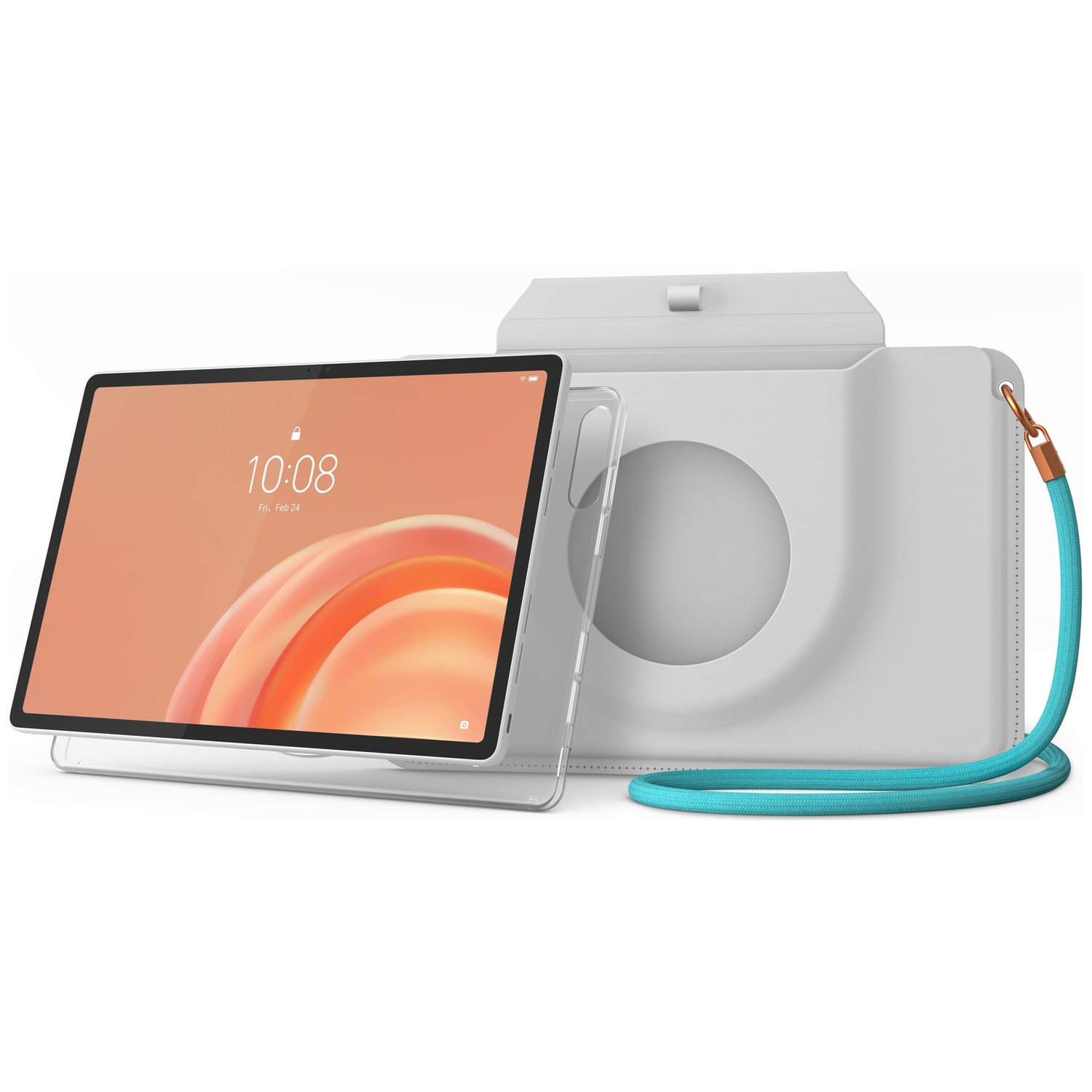 Une tablette dans une coque transparente à côté d'un sac gris clair avec une lanière bleue sur fond blanc.