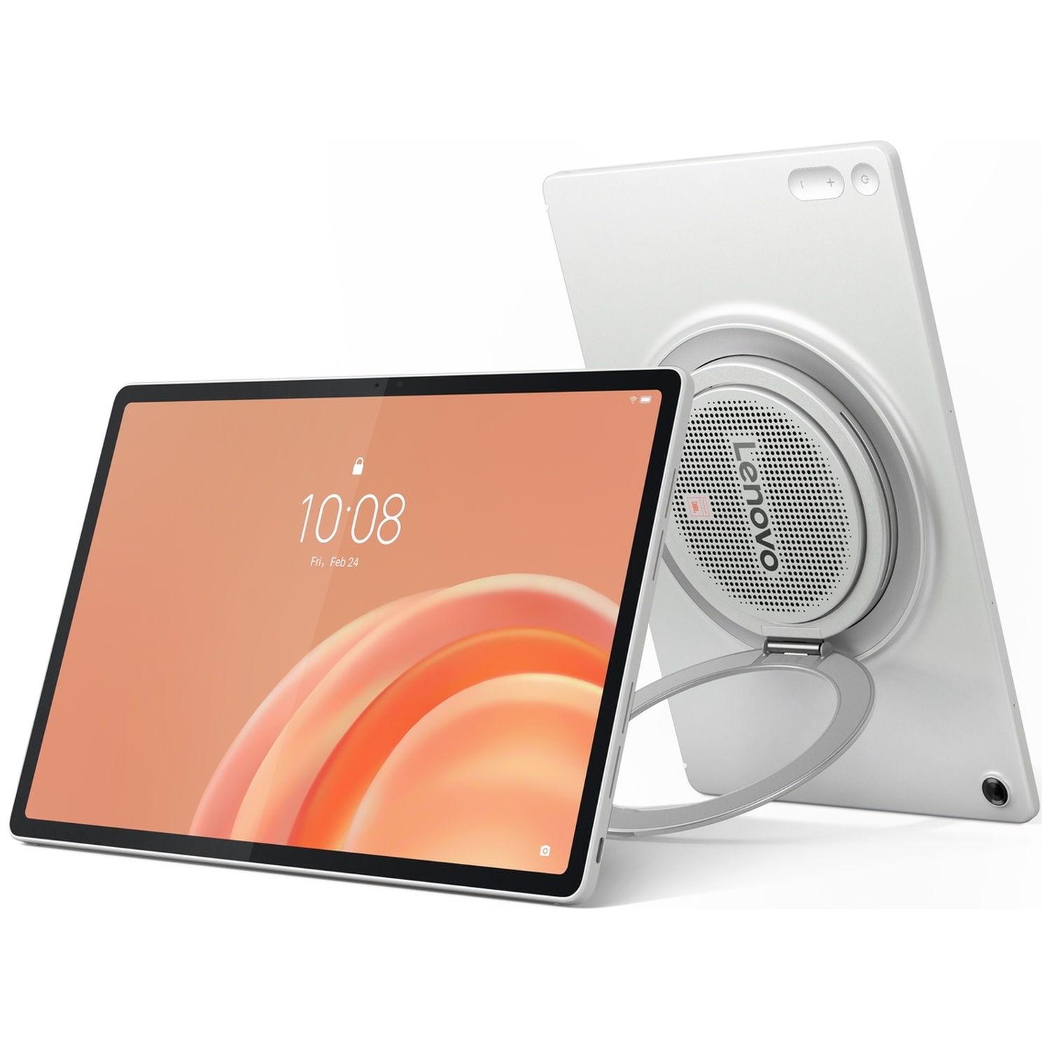 Deux tablettes Lenovo blanches sur fond blanc, l'une avec écran orange, l'autre avec haut-parleur intégré.
