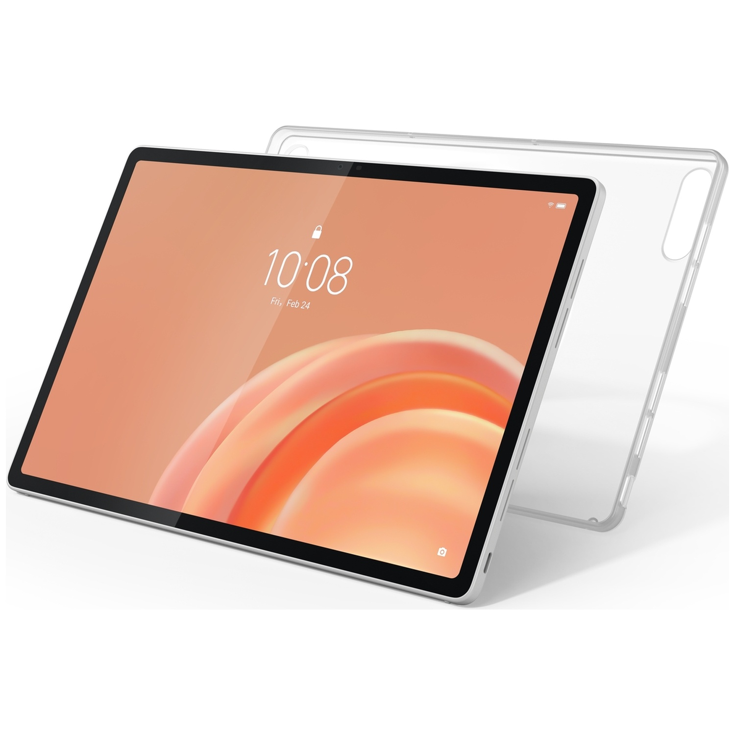 Une tablette avec écran orange et une coque de protection transparente à l'arrière.