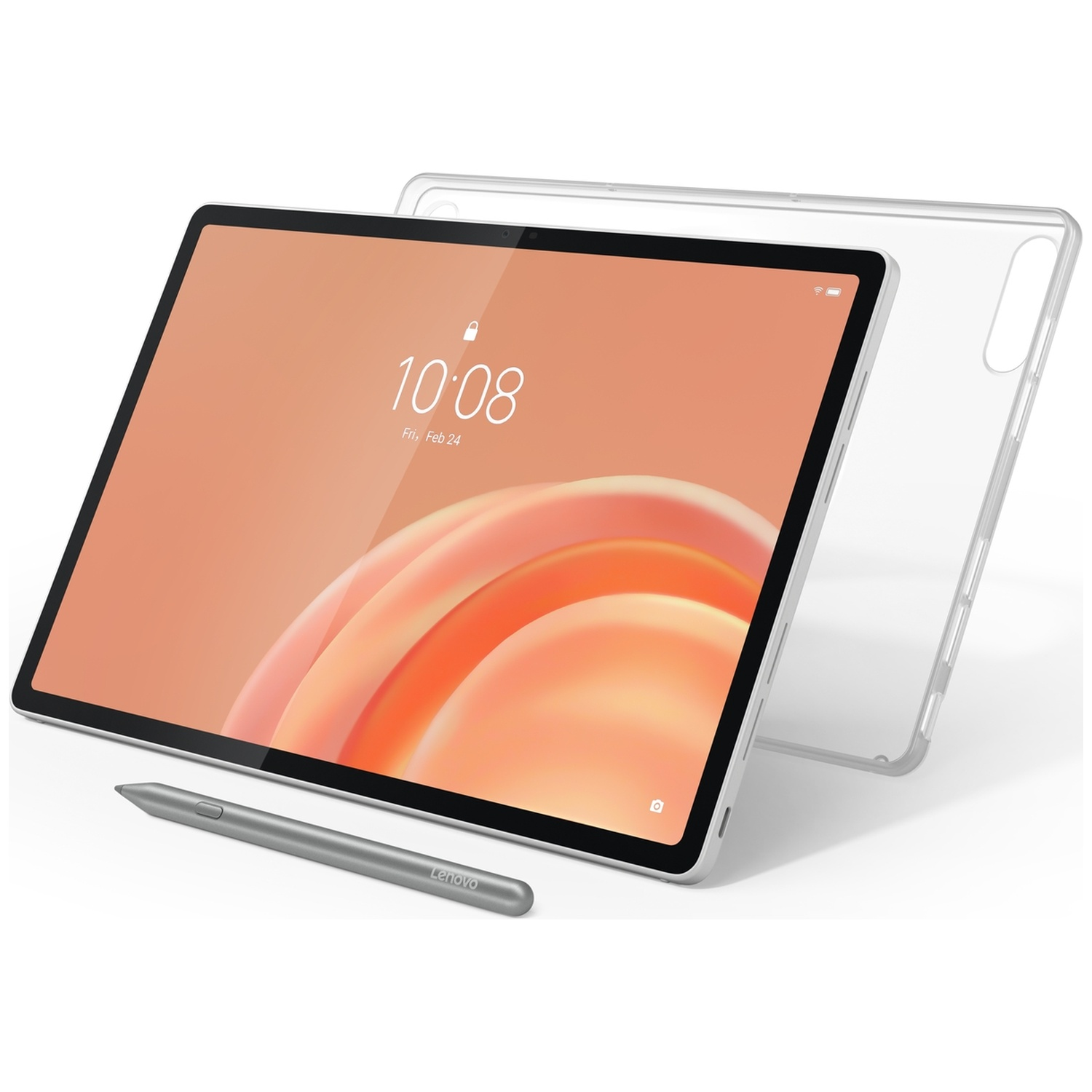 Une tablette Lenovo avec un stylet et une coque transparente sur fond blanc.