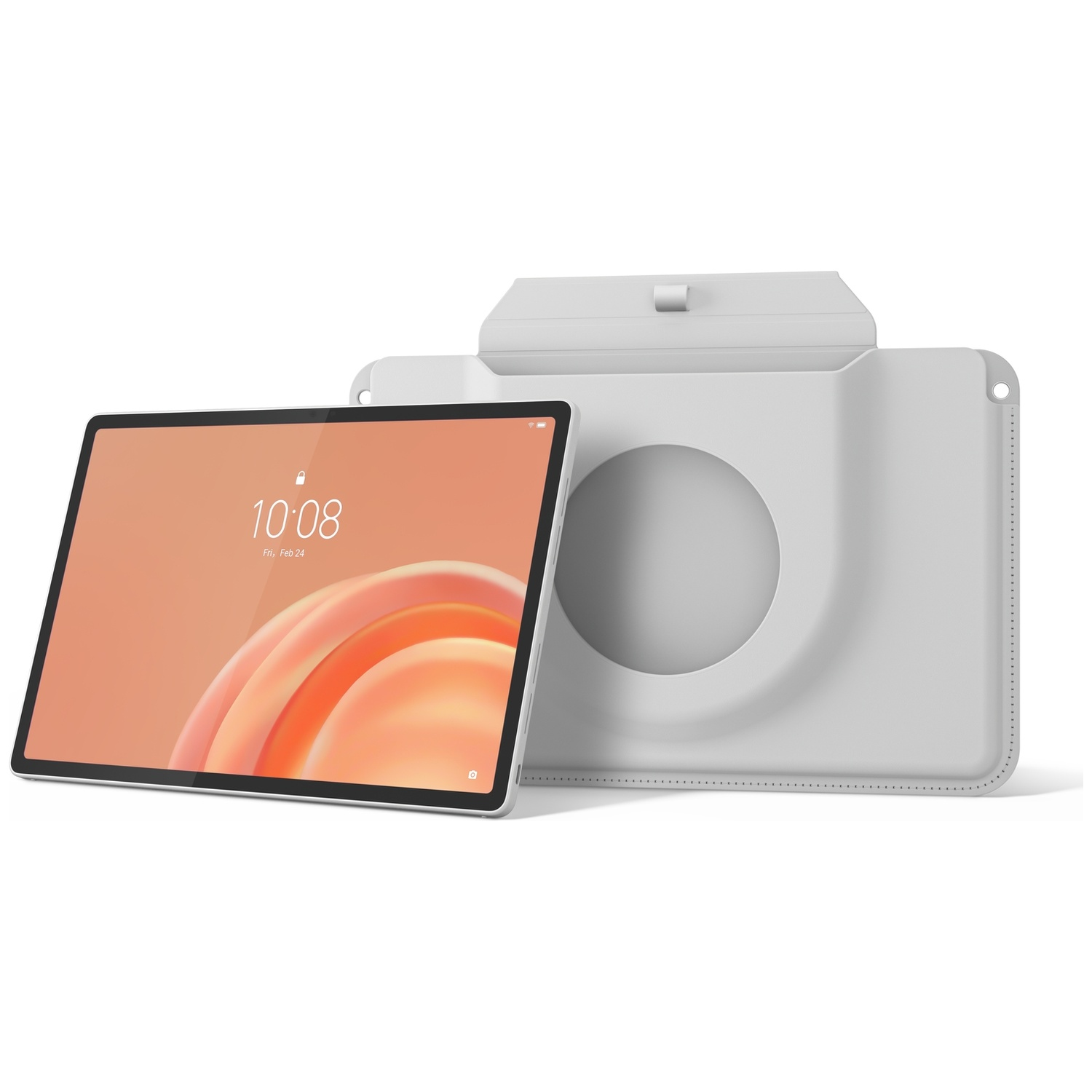 Une tablette à écran orange est placée devant un étui de protection gris clair.