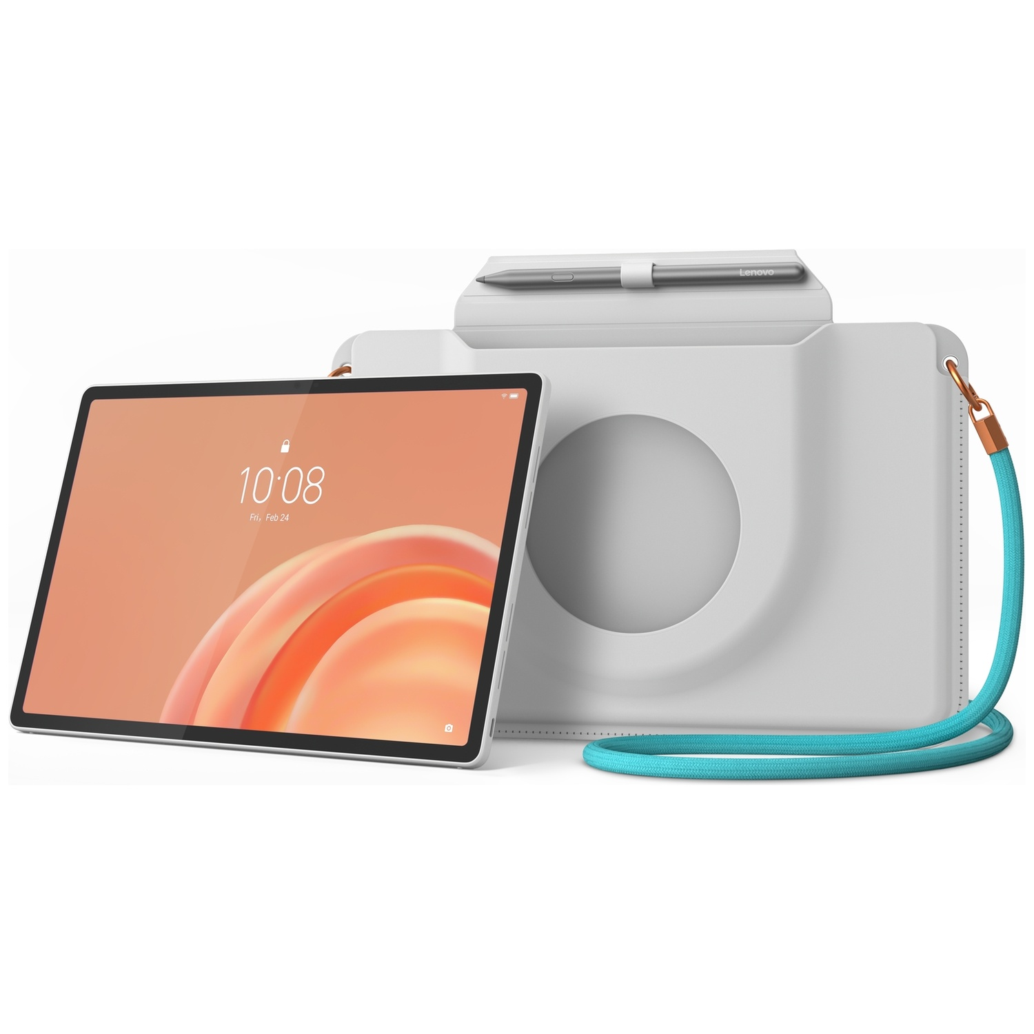 Une tablette Lenovo à écran orange se trouve devant un sac gris clair avec une sangle bleue et un stylet.