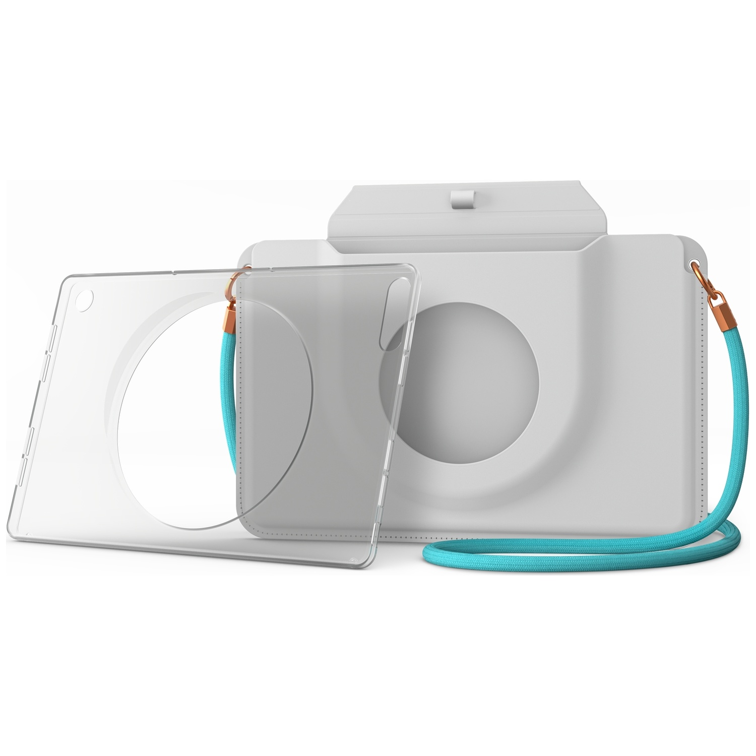 Sac d'appareil photo gris imperméable avec sangle turquoise et panneau avant transparent sur fond blanc.