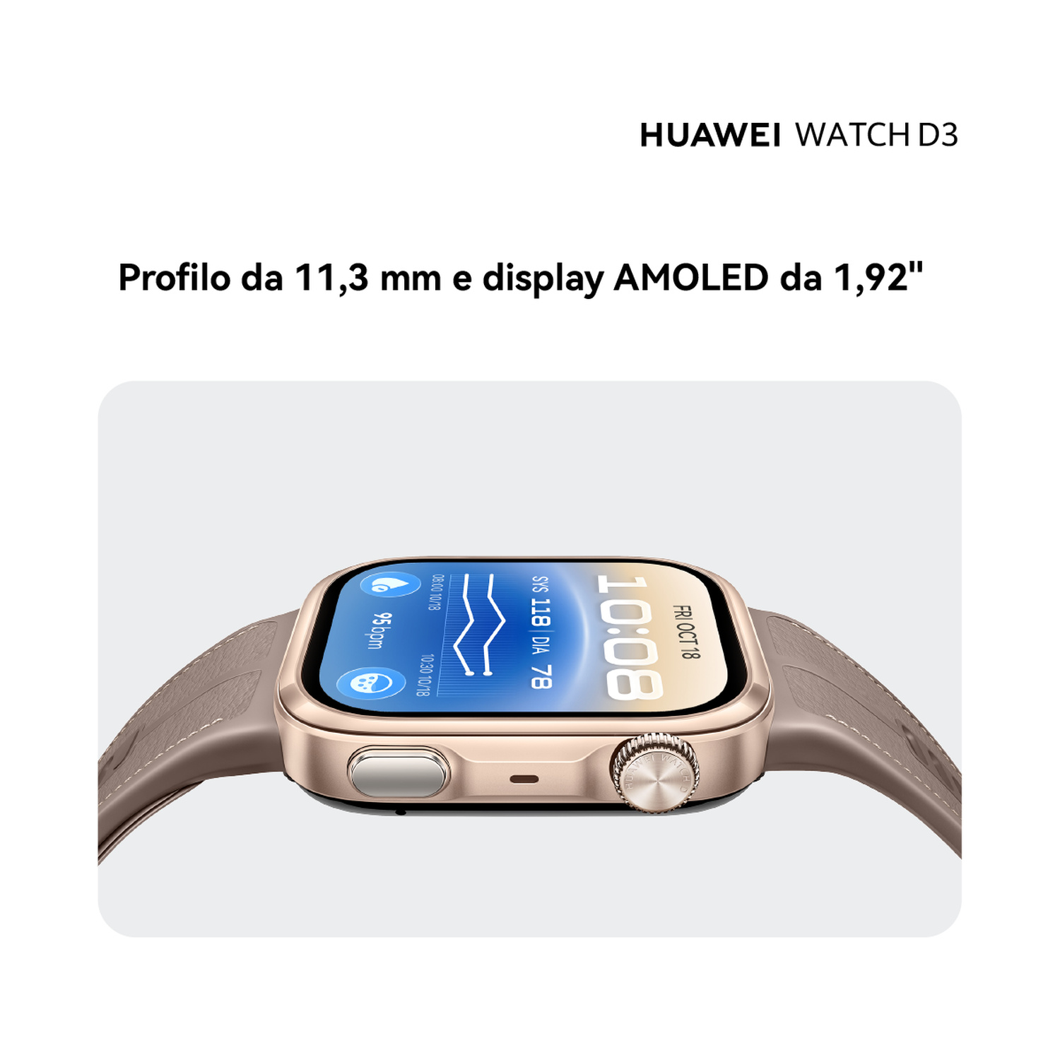 Huawei Watch D3 dorato con cinturino in pelle marrone e display AMOLED su sfondo chiaro.
