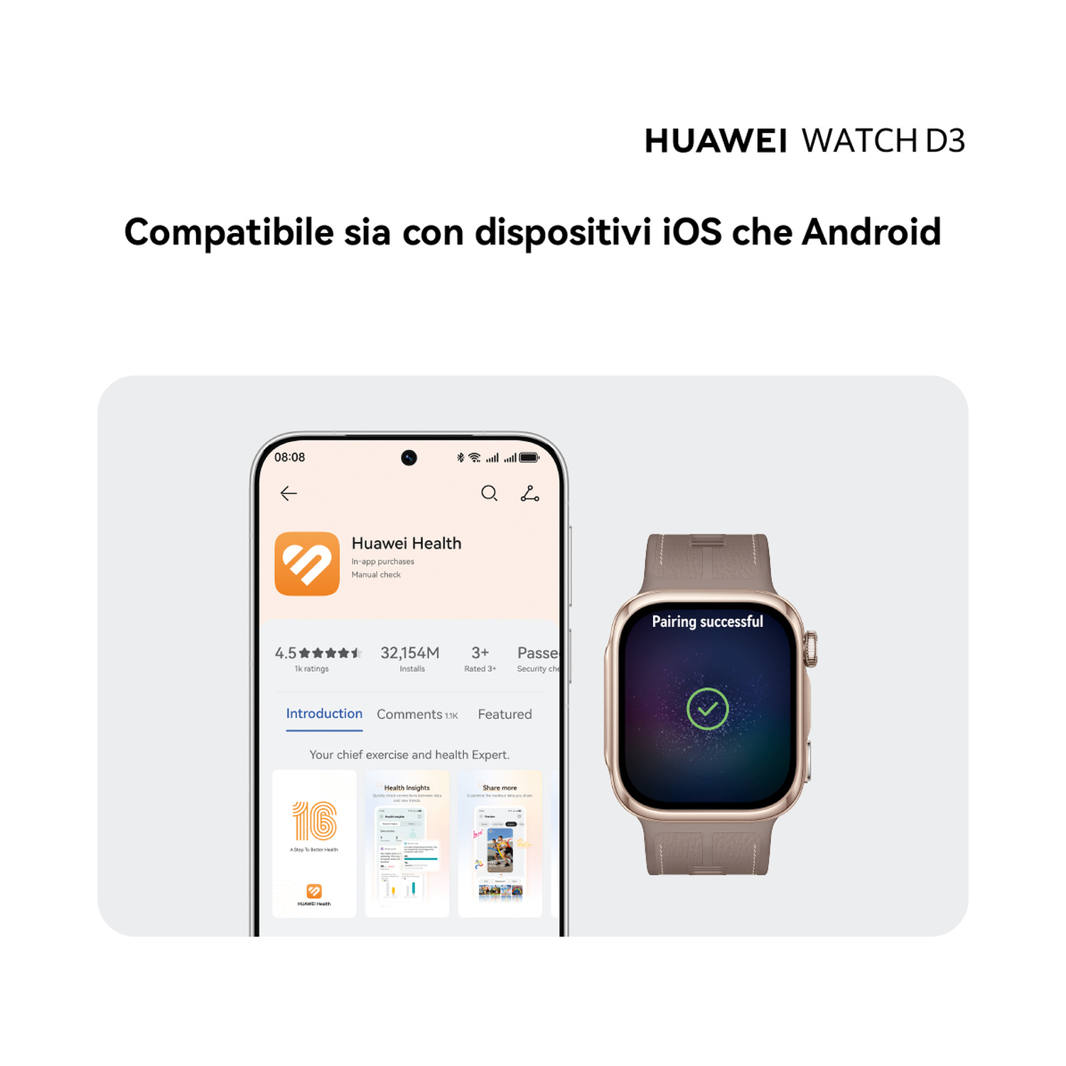 Huawei Watch D3 e smartphone con app Huawei Health e associazione riuscita.