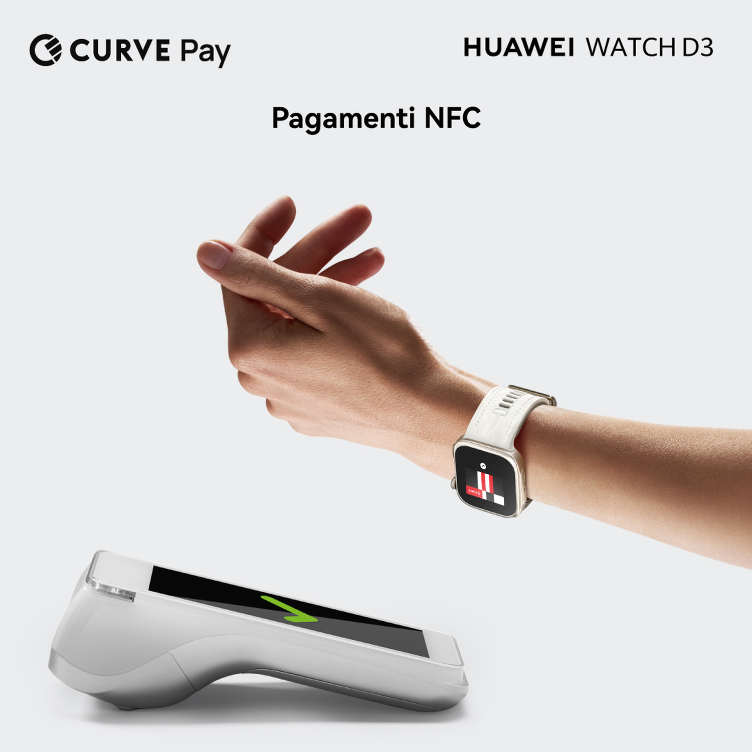 Mano con Huawei Watch D3 efectua pago sin contacto en un terminal.