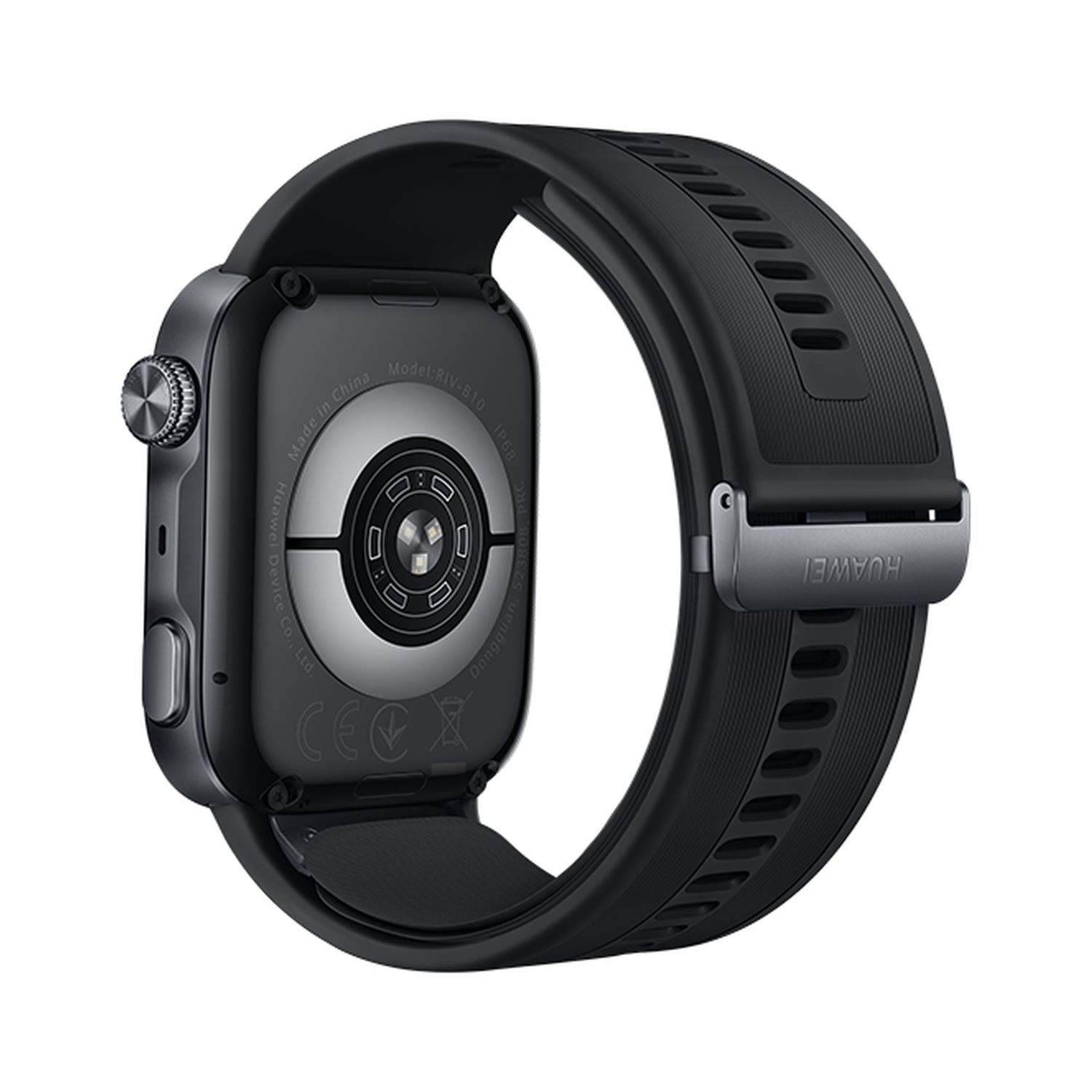Retro di uno smartwatch nero con sensori, pulsante laterale e cinturino in silicone scanalato con fibbia Huawei.