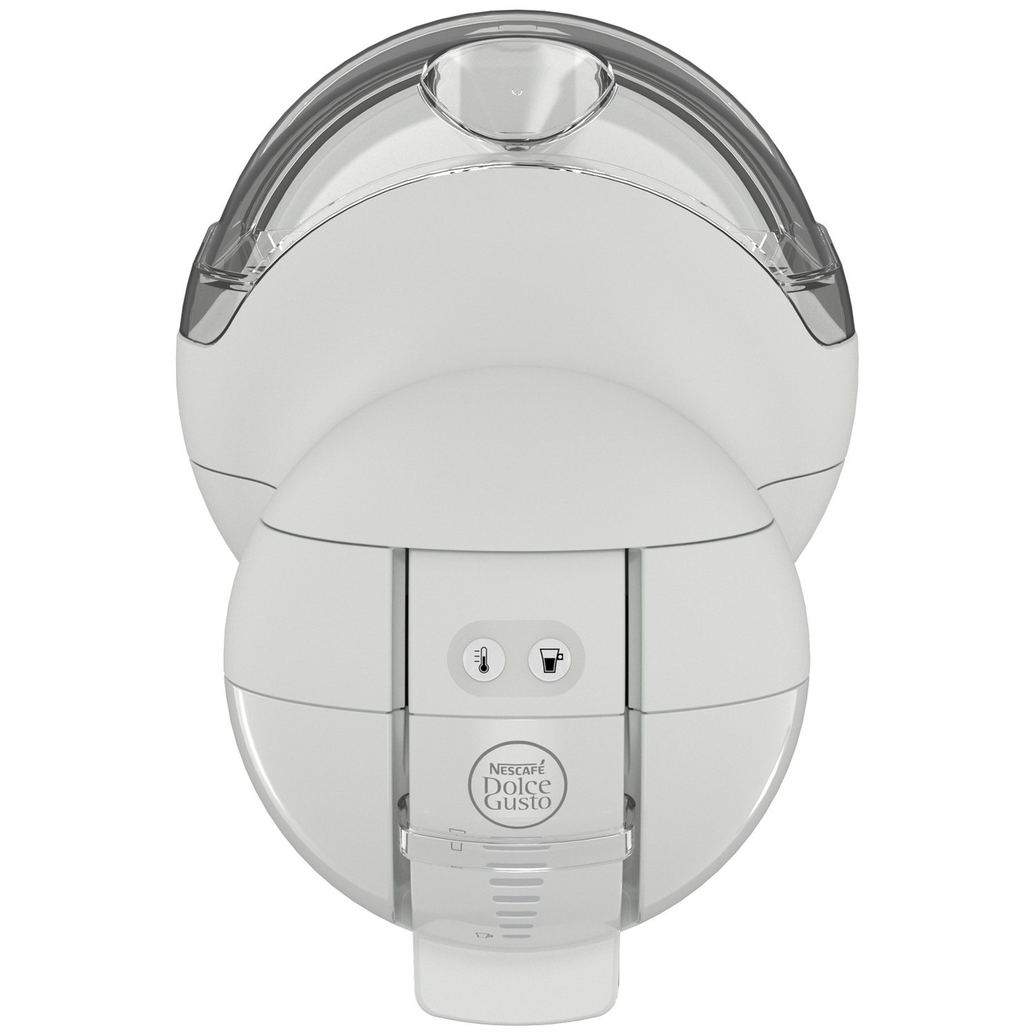Bovenaanzicht van een witte Nescafé Dolce Gusto-koffiemachine.