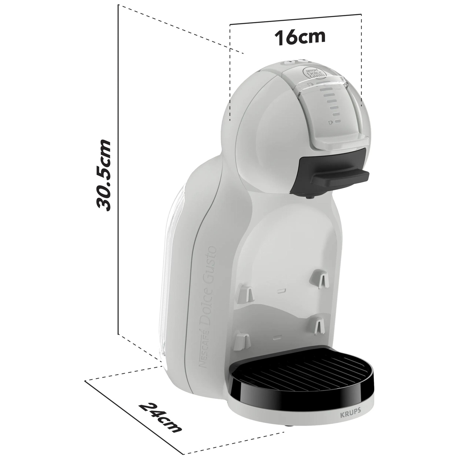 Witte Krups Nescafé Dolce Gusto koffiemachine met afmetingen 30,5 x 16 x 24 cm op een witte achtergrond.