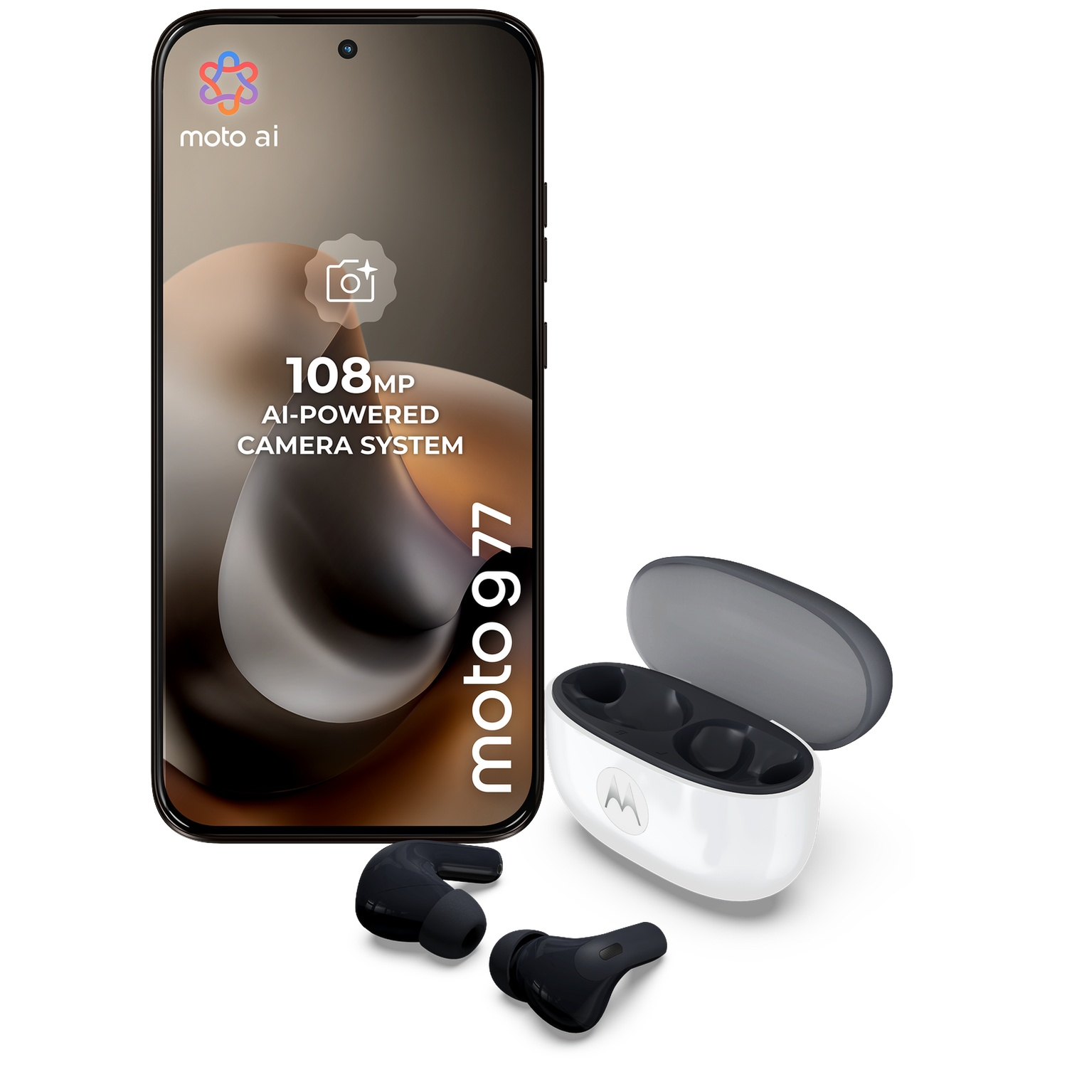 Un smartphone Moto g77 avec info caméra et un boîtier de charge ouvert avec des écouteurs noirs devant.