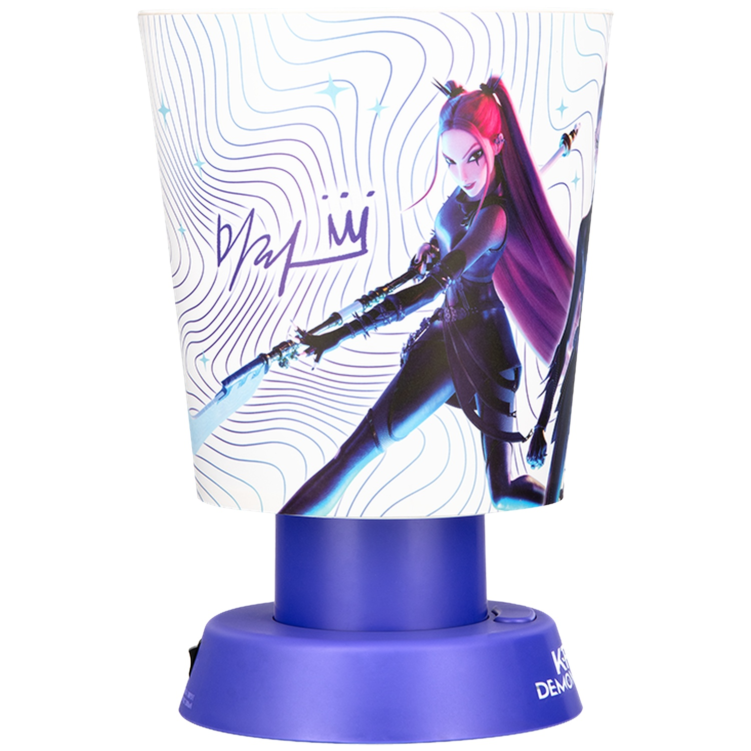 Lampe de chevet bleue avec un motif de fille démon K-pop sur l'abat-jour.