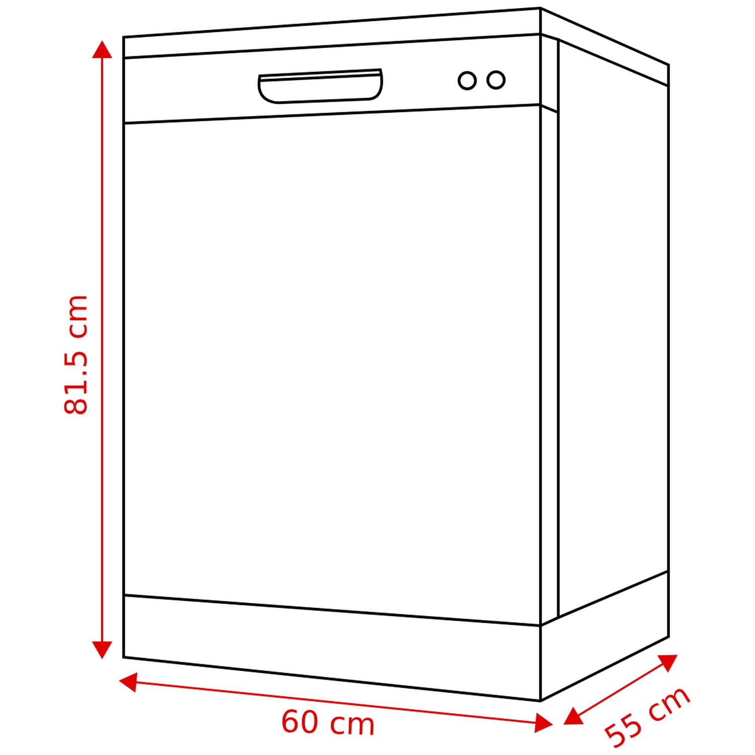 Dessin au trait d'un lave-vaisselle avec dimensions : hauteur 81,5 cm, largeur 60 cm, profondeur 55 cm.