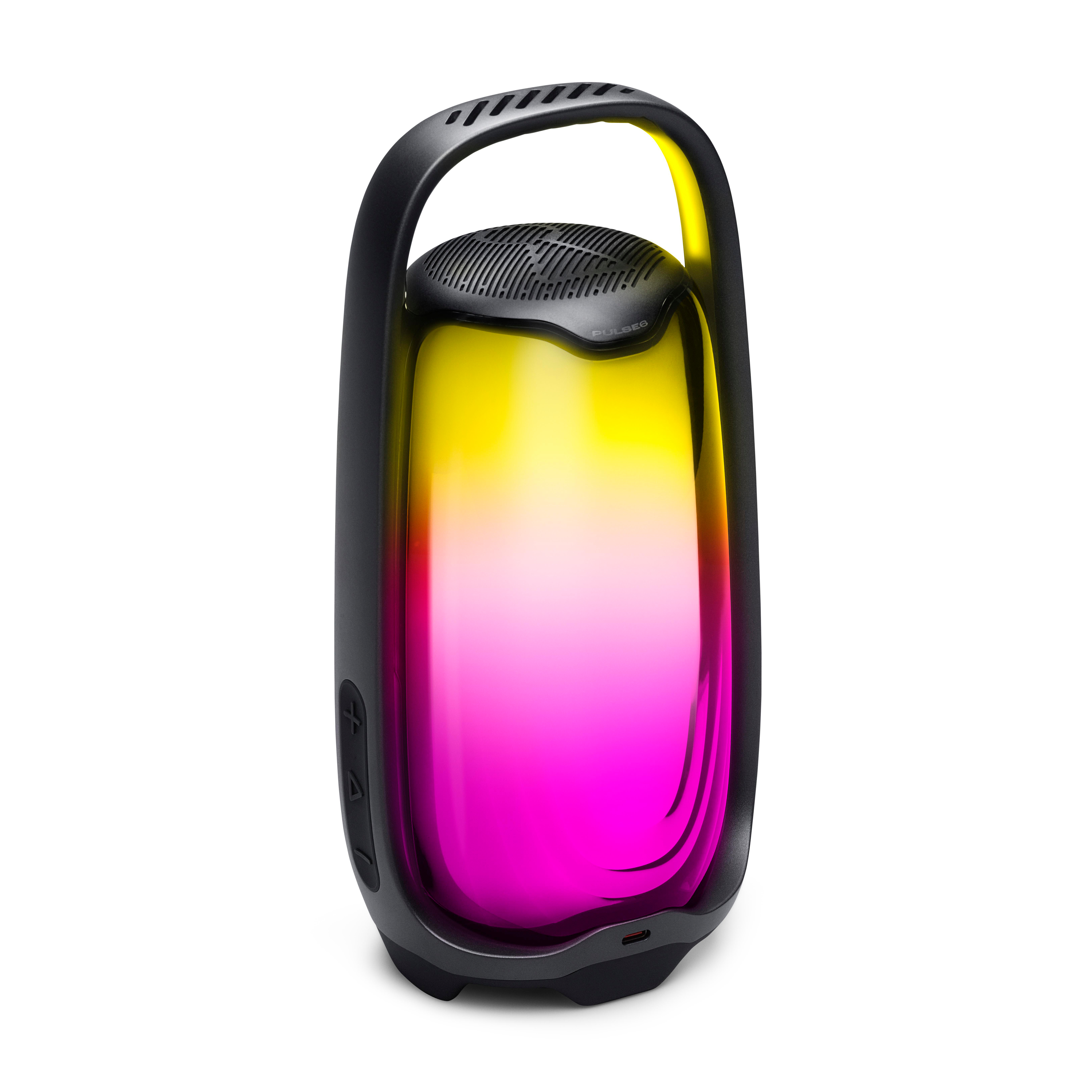 Tragbarer Bluetooth-Lautsprecher mit leuchtend gelbem und pinkfarbenem LED-Licht und einem schwarzen Griff.