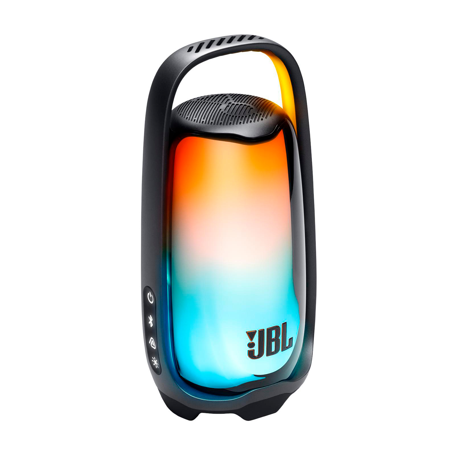 Schwarzer kabelloser JBL-Lautsprecher mit integrierter farbiger LED-Beleuchtung und einem praktischen Tragegriff.