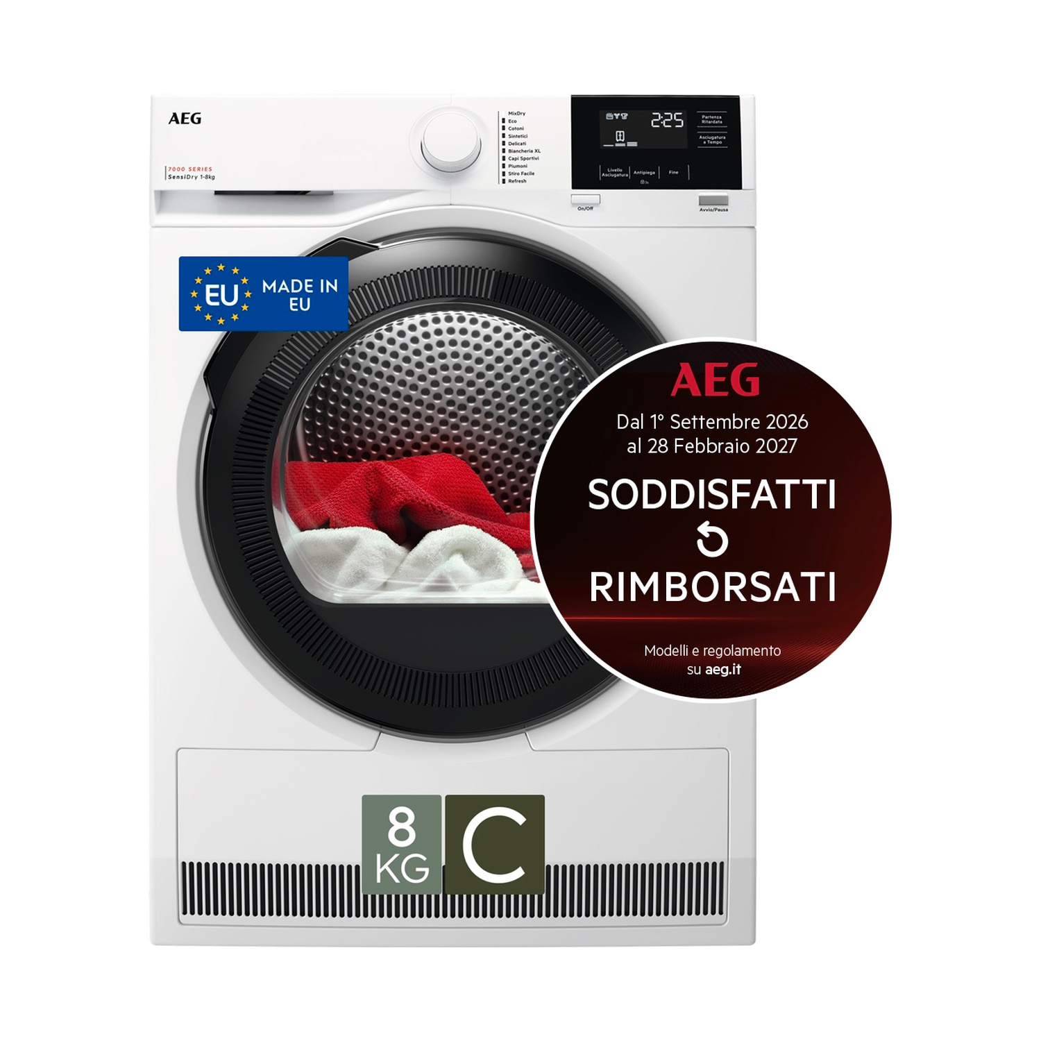Asciugatrice AEG bianca con oblò nero, display digitale e tessuti rossi e bianchi visibili all'interno.