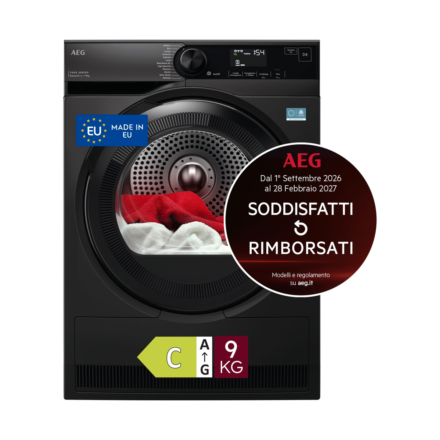 Asciugatrice nera serie AEG 7000 con bucato rosso e bianco all'interno, etichetta UE e adesivo.