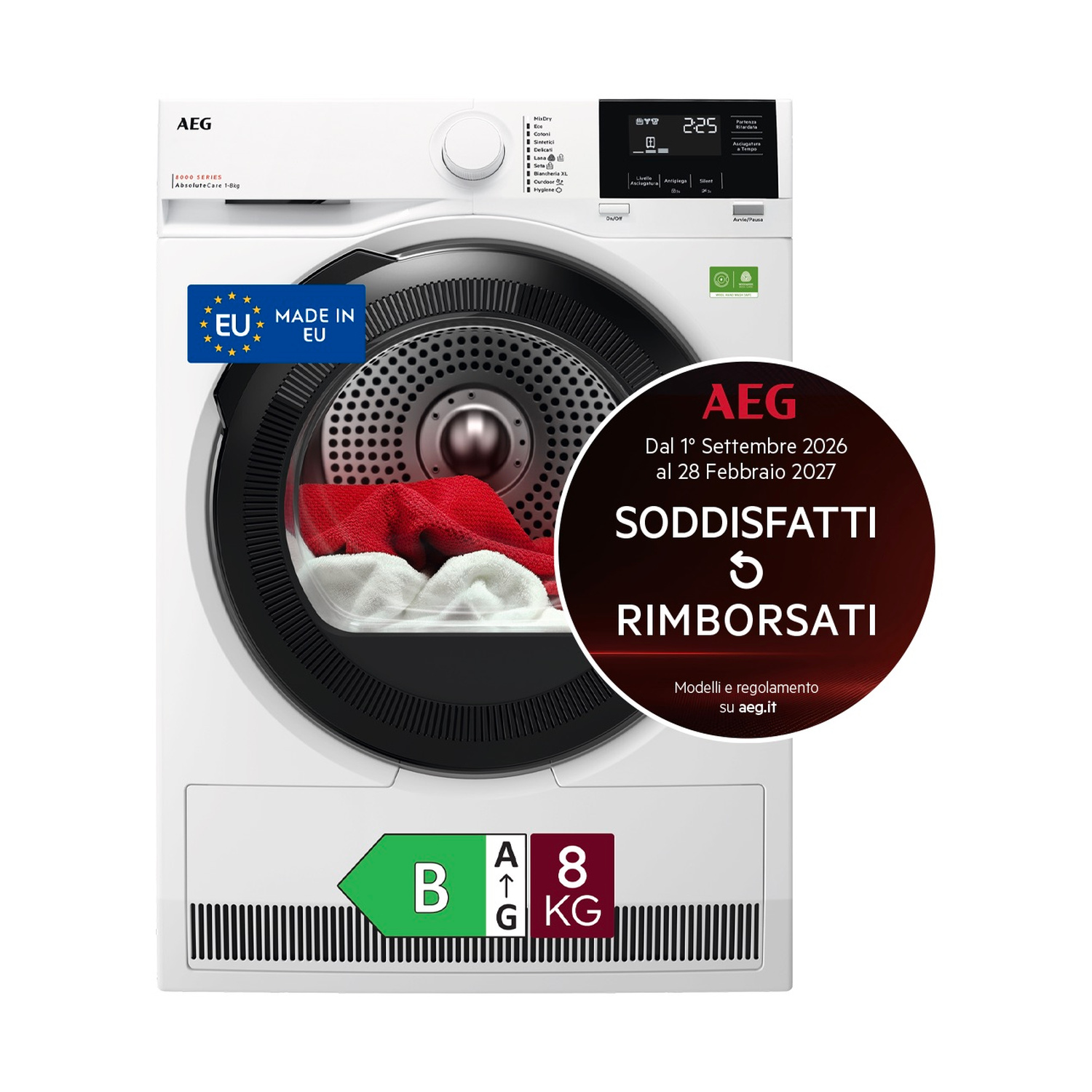 Un'asciugatrice AEG bianca con bucato rosso e bianco, etichetta UE e promozione soddisfatti o rimborsati.