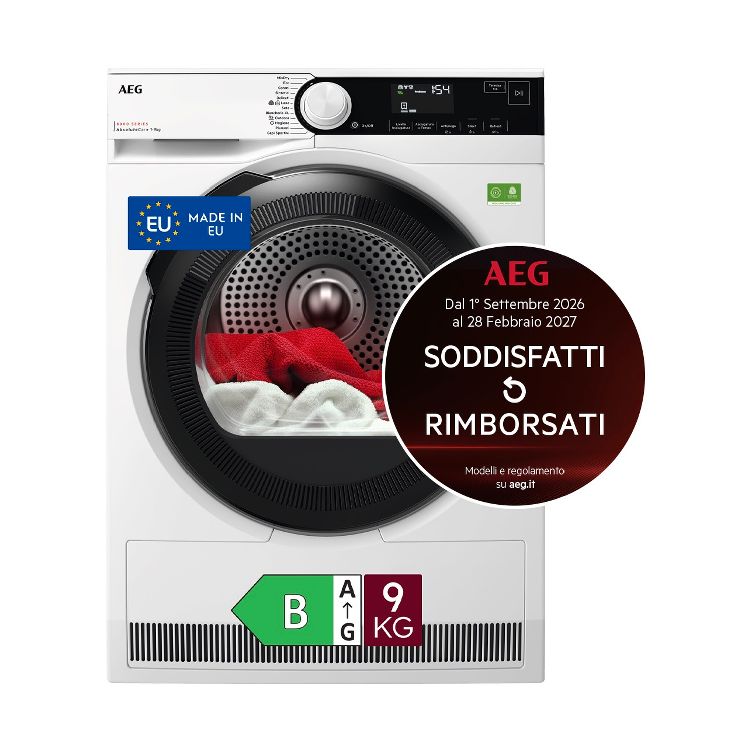 Asciugatrice bianca AEG con bucato rosso e bianco all'interno, classe energetica B.