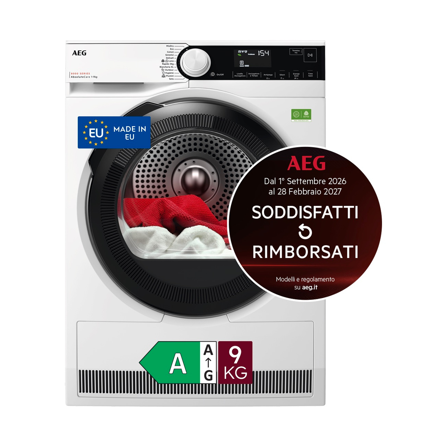 Asciugatrice a pompa di calore bianca AEG Serie 8000 con bucato rosso e bianco nel cestello ed etichetta UE.