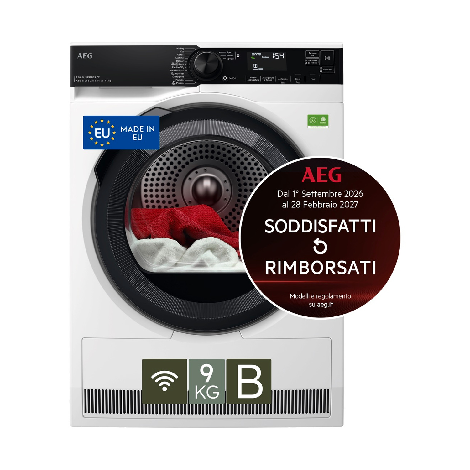 Asciugatrice bianca AEG con capacità di 9 kg e adesivi promozionali.