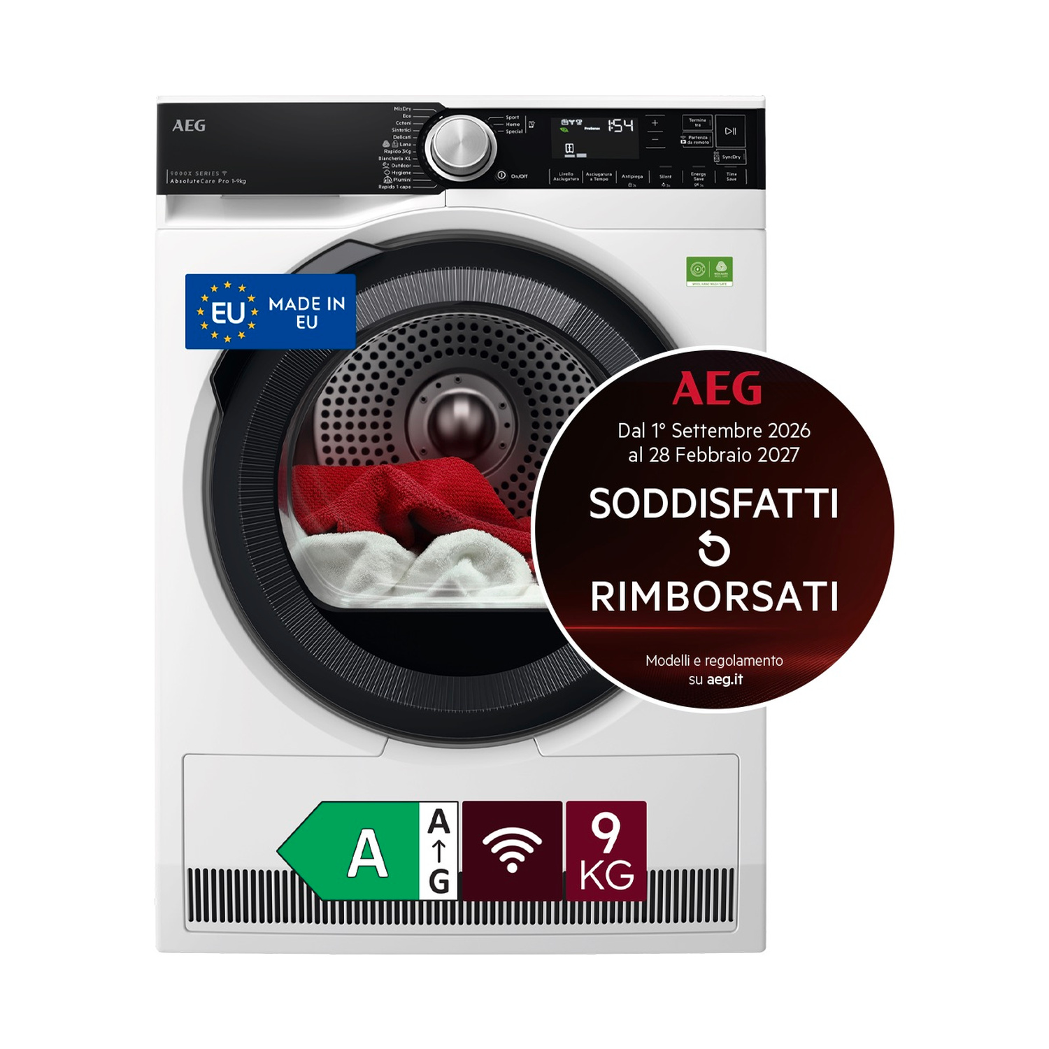 Asciugatrice bianca AEG con bucato rosso e bianco, adesivo Made in EU e badge promozionale.