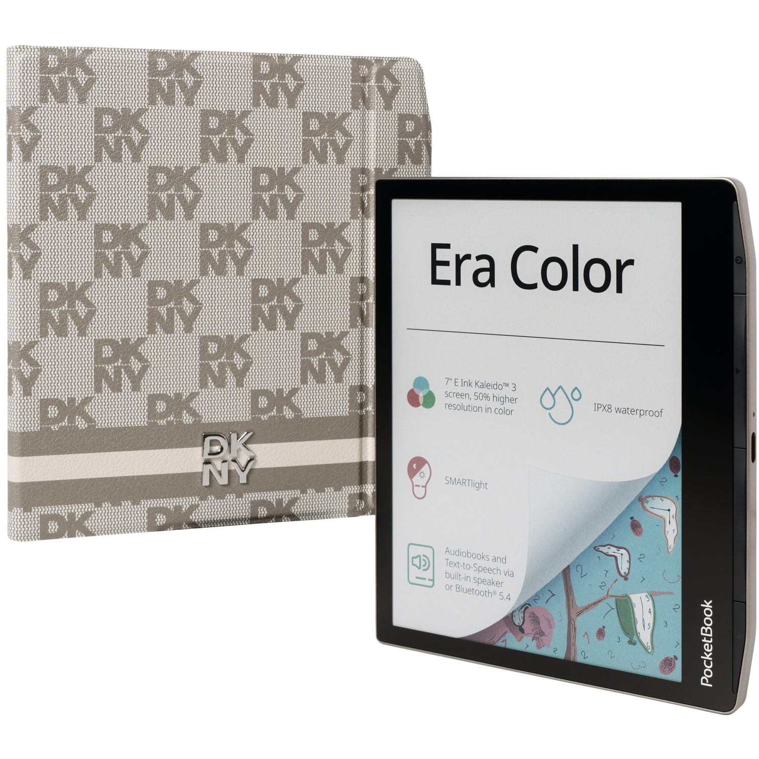 Een PocketBook Era Color e-reader naast een beschermhoes met DKNY-print.