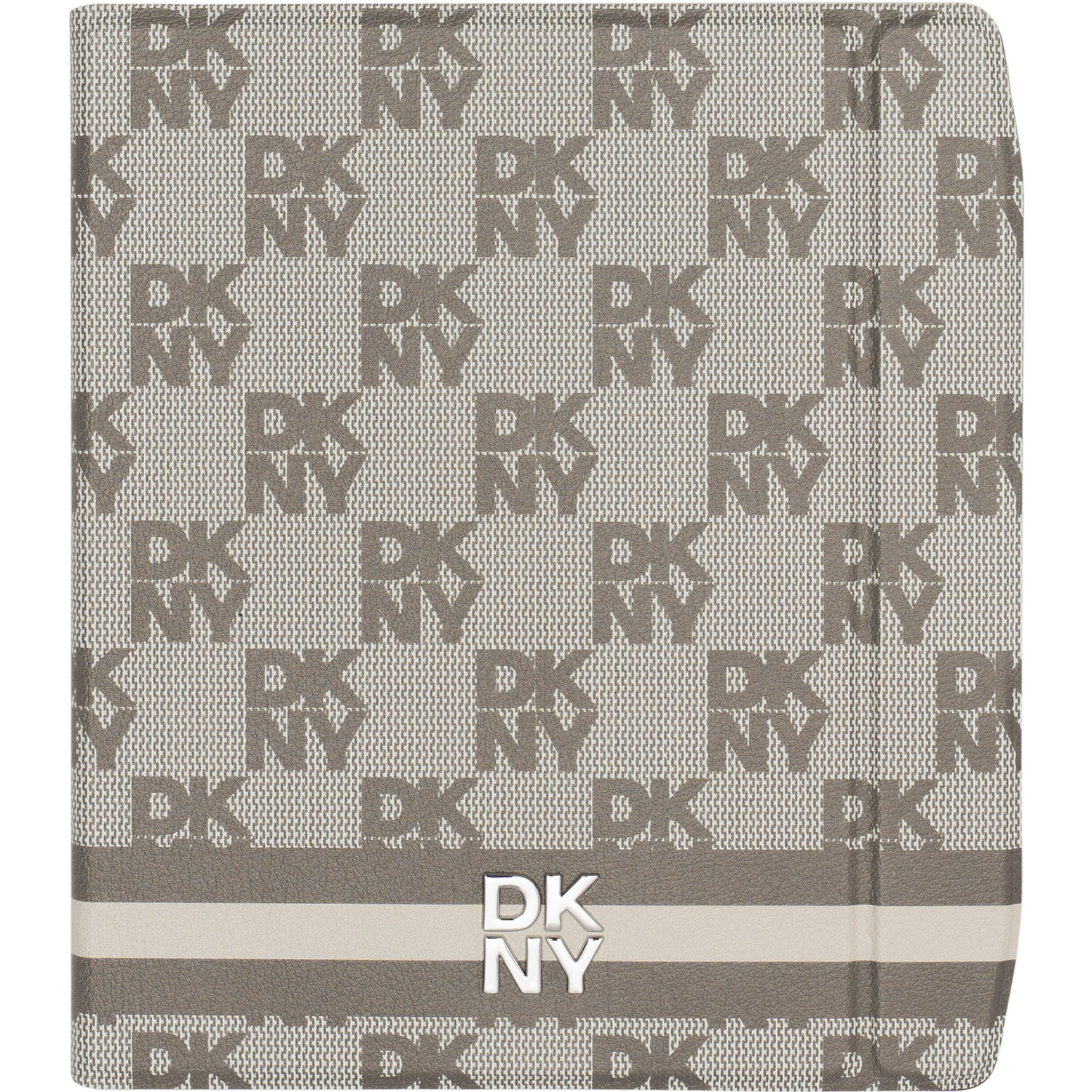 Beige tablethoes met herhalend DKNY-logo en een metallisch logo op een horizontale streep.