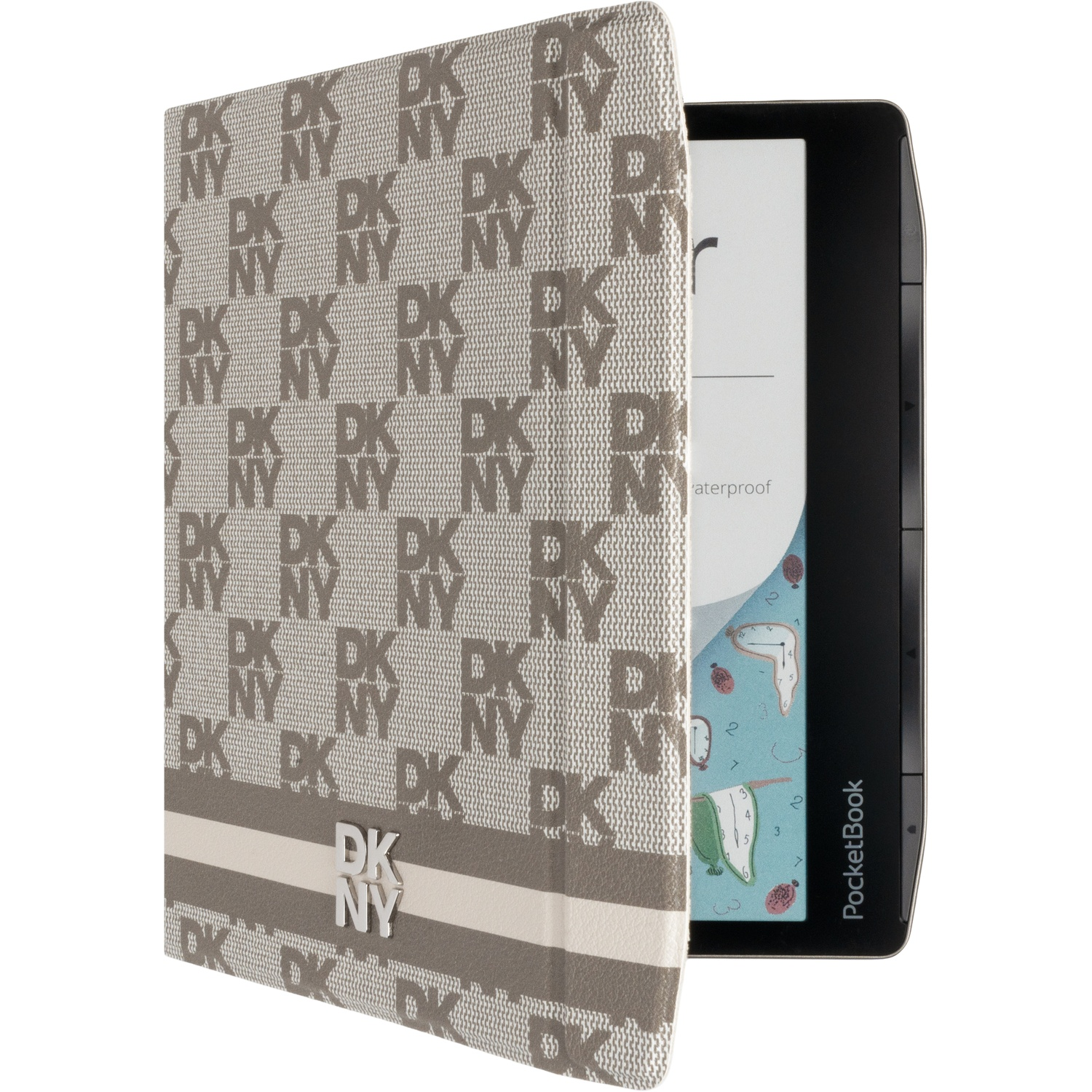 Een e-reader in een grijze hoes met DKNY-logo's en een metalen embleem.