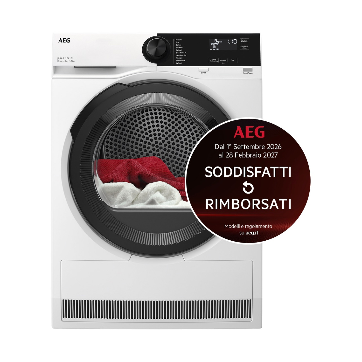 Asciugatrice bianca AEG con bucato rosso e bianco nel cestello e un adesivo promozionale italiano rotondo.