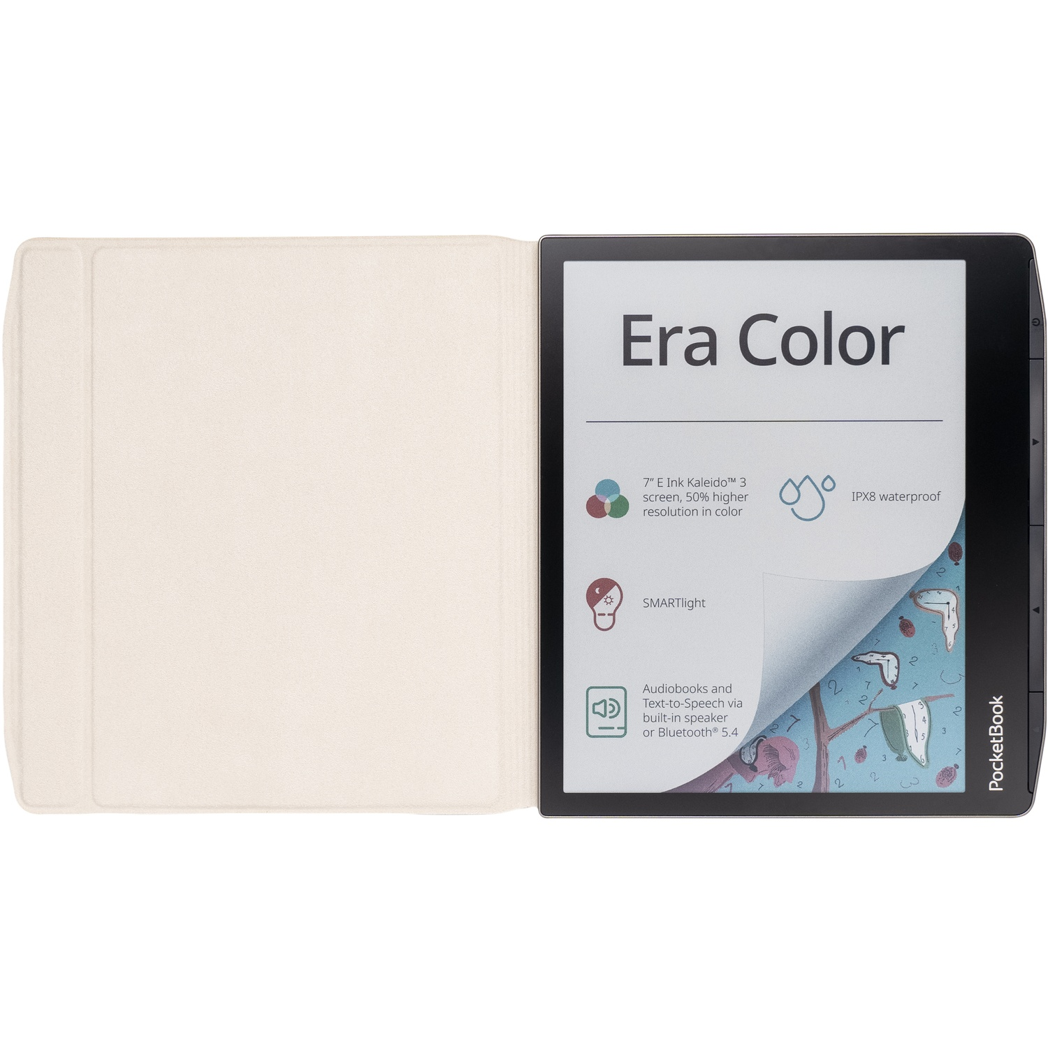 PocketBook Era Color e-reader met open lichte hoes, kleurenscherm en productkenmerken.