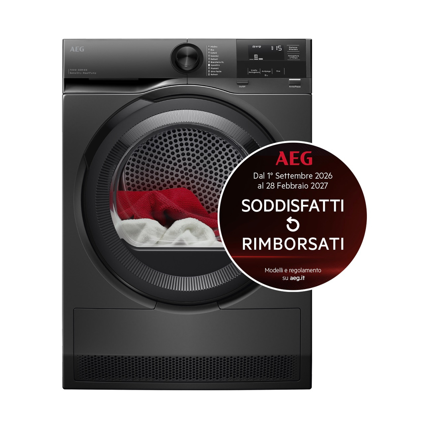 Un'asciugatrice AEG nera con bucato rosso e bianco all'interno e un adesivo promozionale.