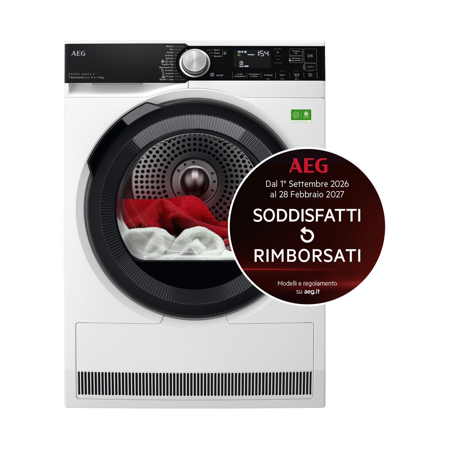 Asciugatrice bianca AEG con vestiti rossi e bianchi all'interno e un adesivo promozionale di rimborso.