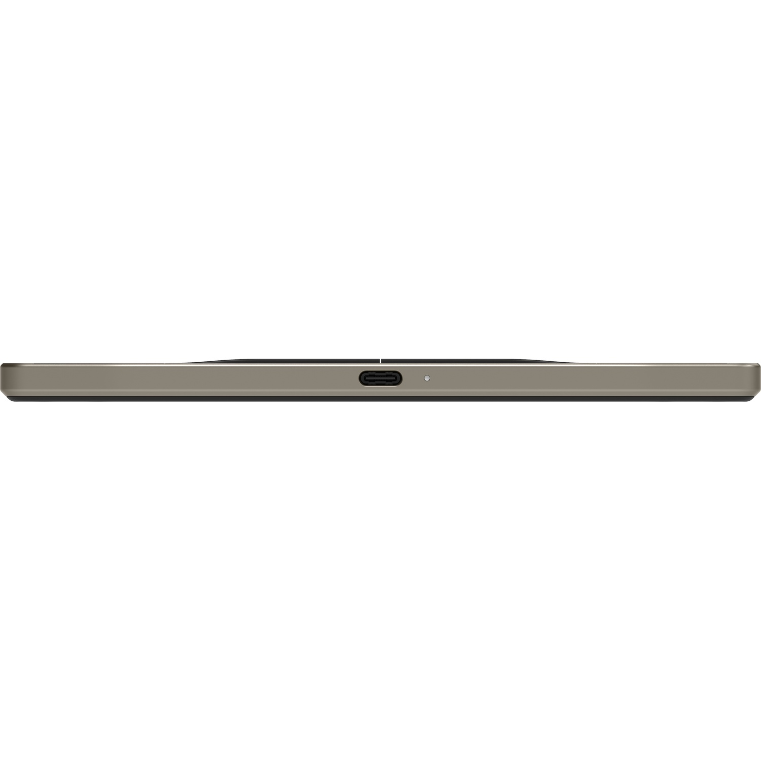 Onderkant van een slanke grijze tablet met USB-C-poort en microfoongat.