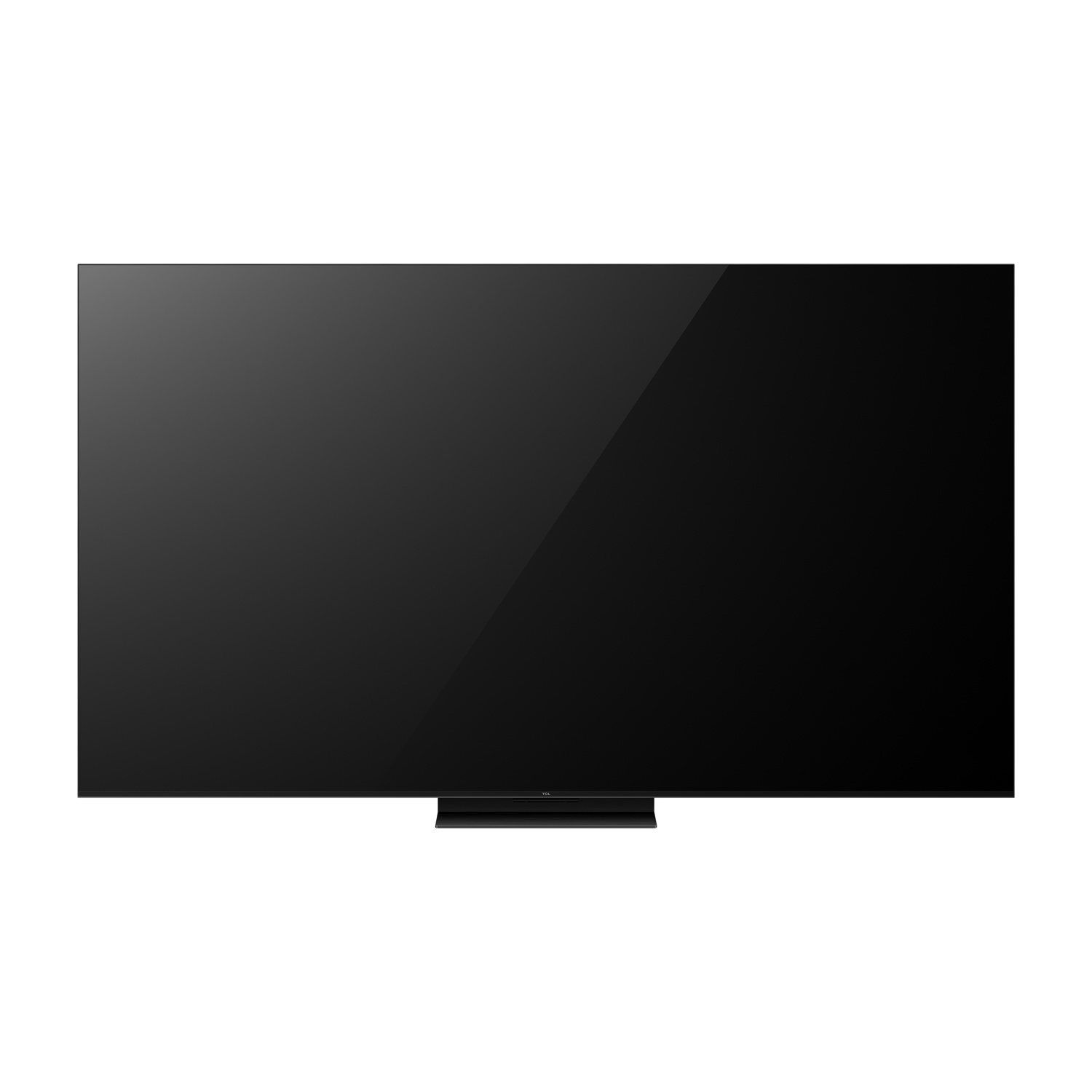 Un televisore a schermo piatto nero con un piccolo supporto su sfondo bianco.