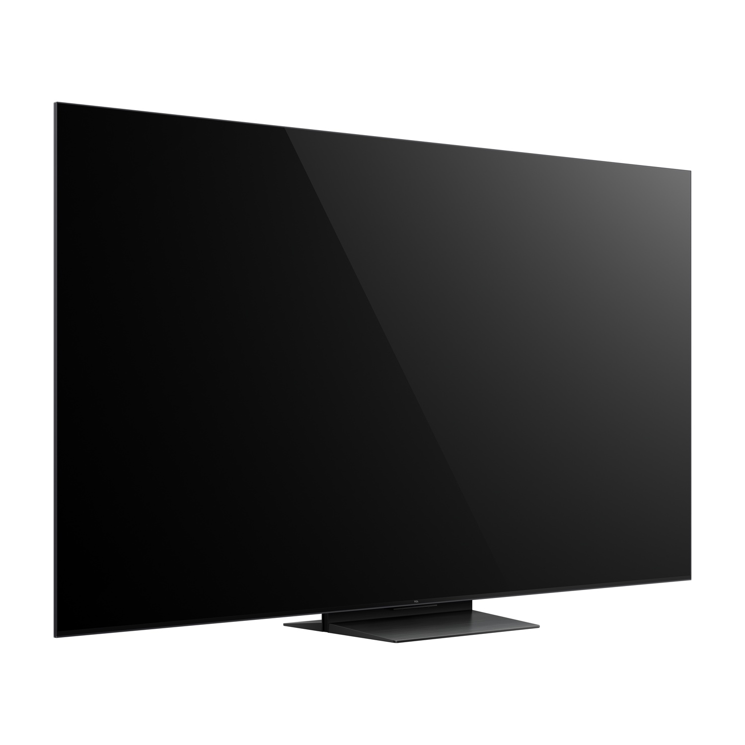 TV a schermo piatto con schermo nero su supporto su sfondo bianco.