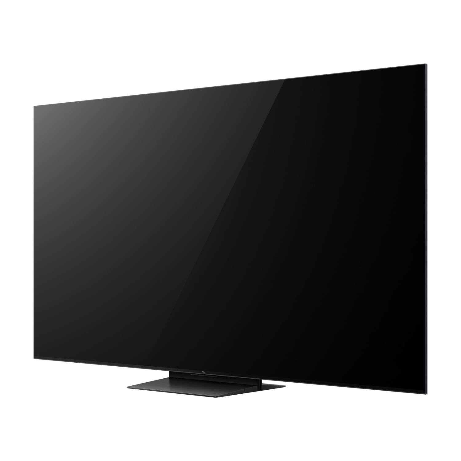 Moderno televisore a schermo piatto nero con supporto su sfondo bianco.