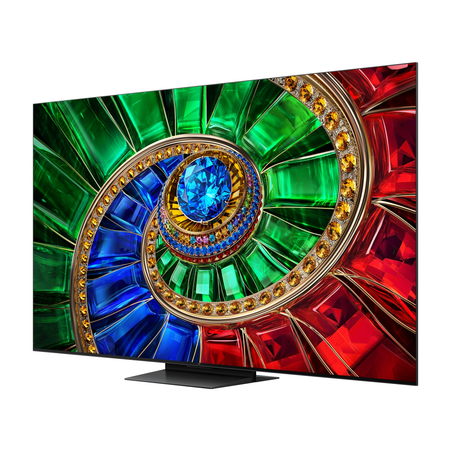 Televisore a schermo piatto mostra un motivo a spirale colorato di pietre preziose.