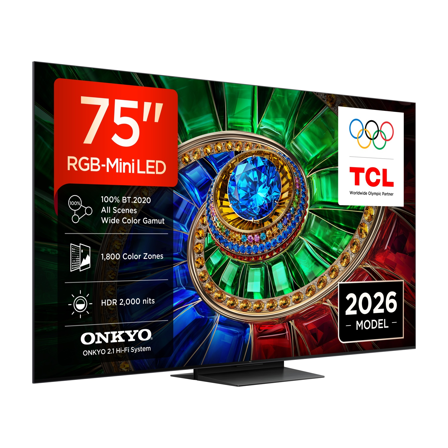 Una TV TCL RGB-Mini LED da 75 pollici con spirali di gioielli colorati, logo olimpico e dettagli tecnici.