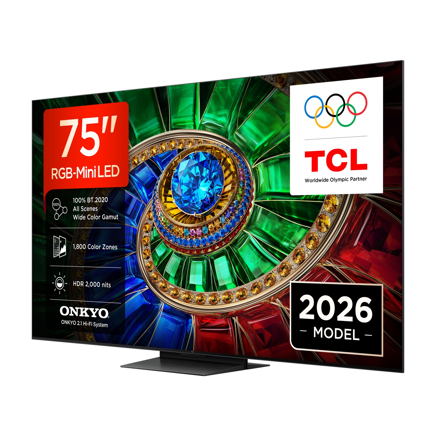 Una TV TCL RGB Mini LED da 75 pollici con grafica di pietre preziose colorate, logo olimpico e modello 2026.