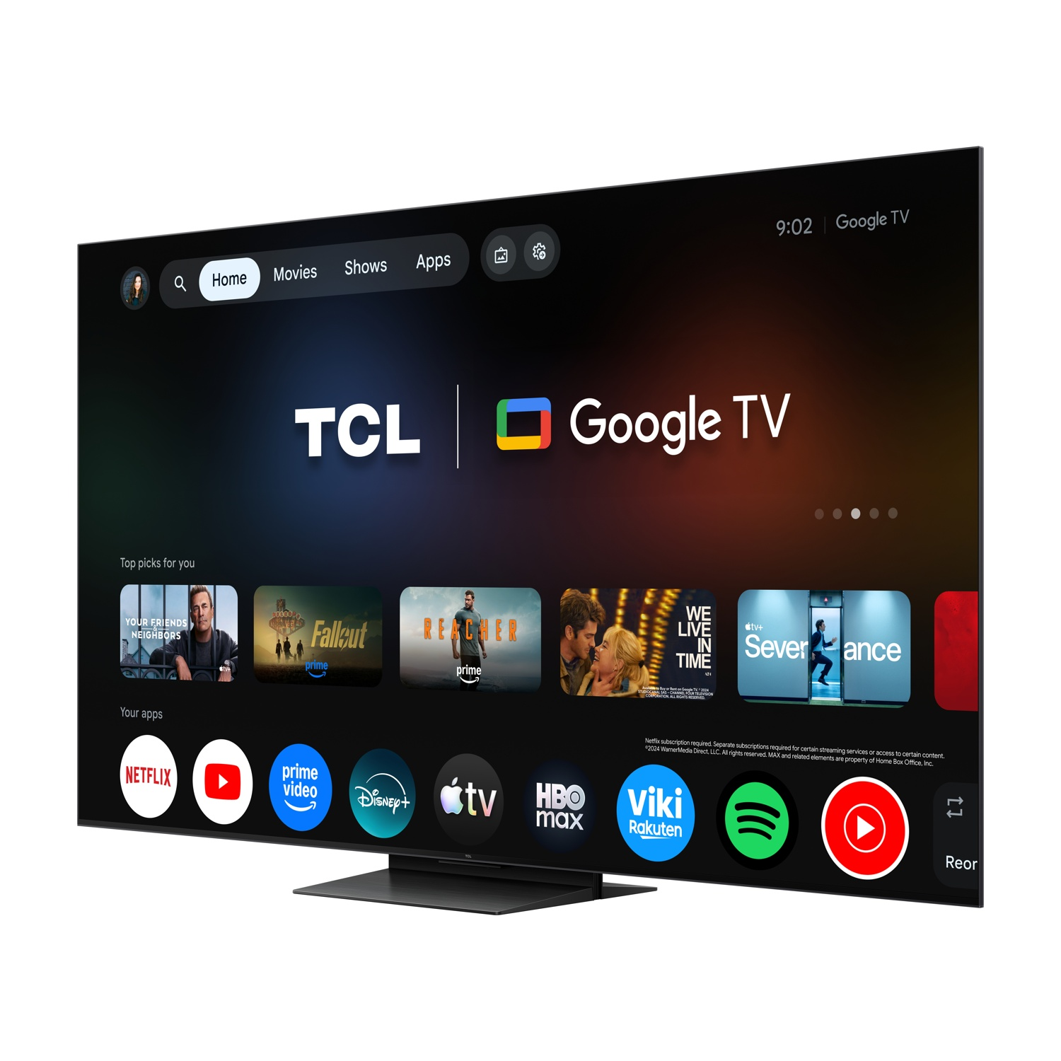 Una TV TCL Google TV mostra la schermata iniziale con app di streaming come Netflix e Prime Video.