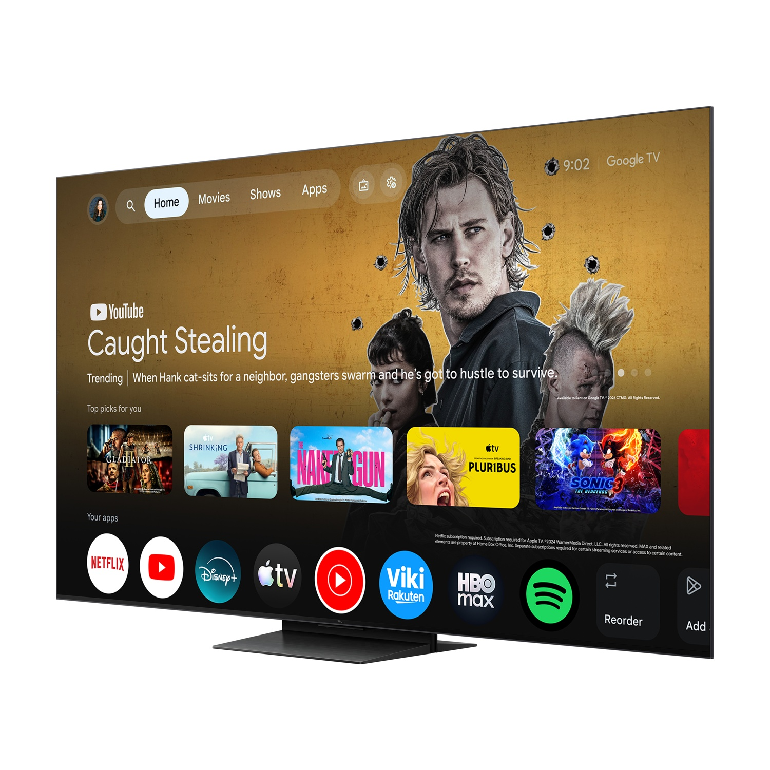 Una smart TV moderna mostra la schermata iniziale di Google TV con film di tendenza, app e un'interfaccia gialla.