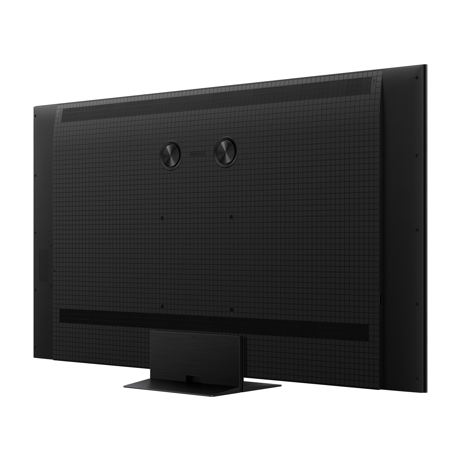 Vista posteriore di un televisore a schermo piatto nero su supporto quadrato su sfondo bianco.