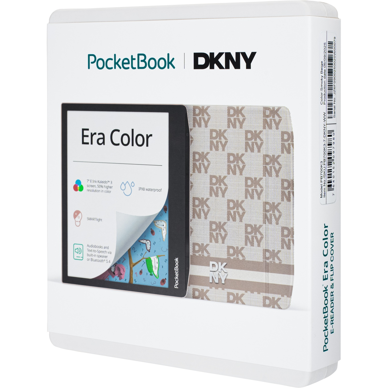 Verpakking van een PocketBook Era Color e-reader met DKNY-ontwerp en specificaties.