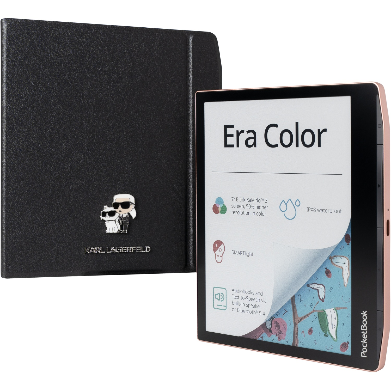 Zwarte PocketBook Era Color e-reader met roségouden rand naast de bijbehorende zwarte beschermhoes.