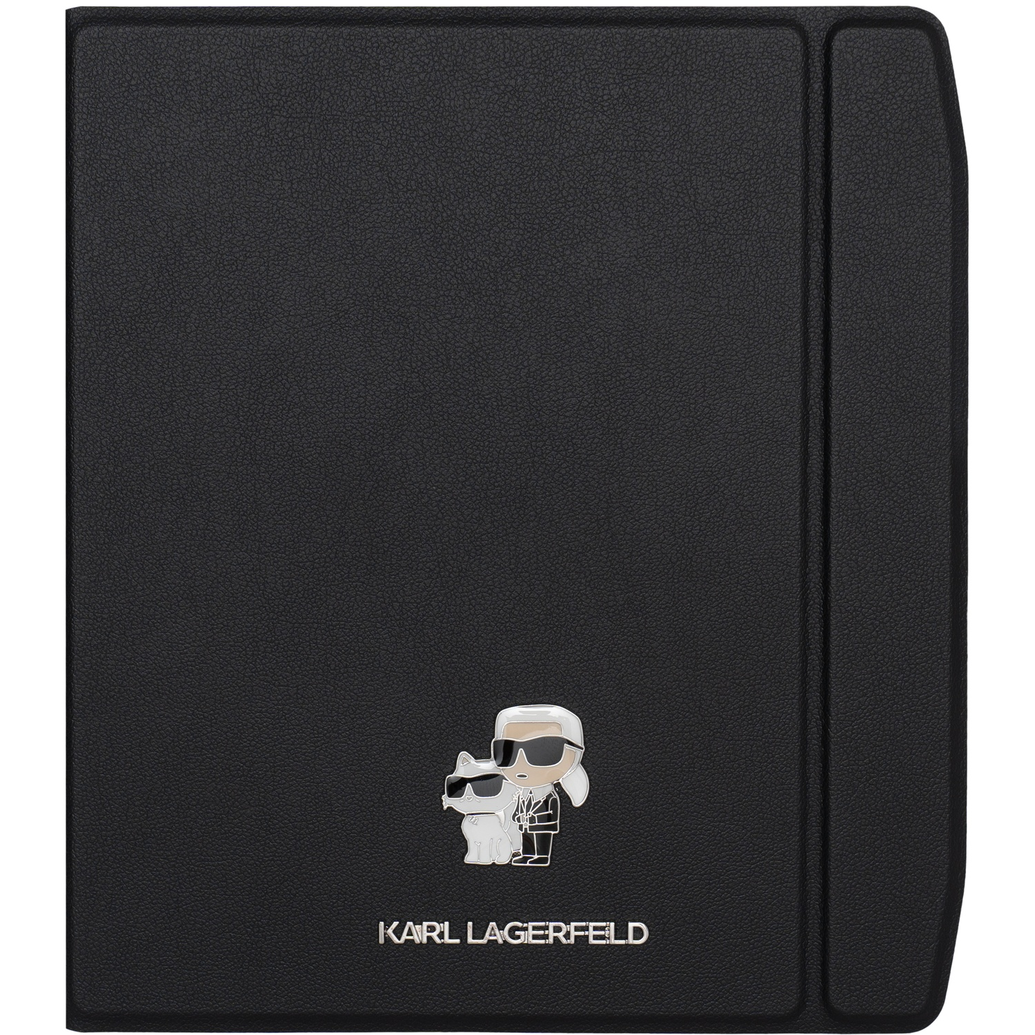 Zwarte lederen hoes met metalen logo en Karl Lagerfeld-merknaam onderaan.