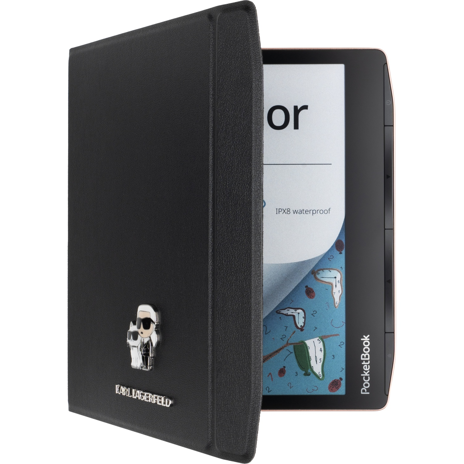 E-reader in zwarte Karl Lagerfeld hoes met metalen logo en Dali-klokafbeelding op het scherm.