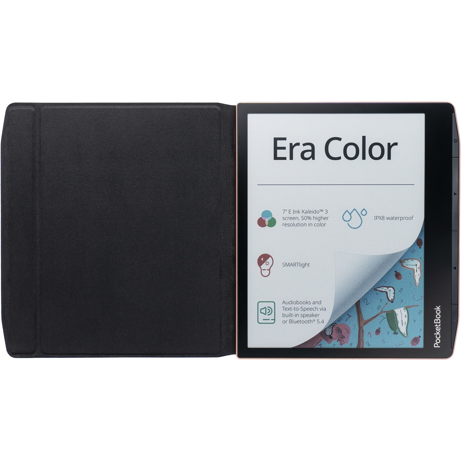 Een PocketBook Era Color e-reader met zwarte beschermhoes en kleurenkleurenwissel op een witte achtergrond.