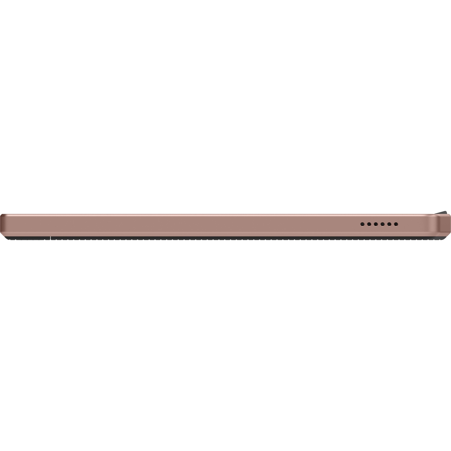 Zijaanzicht van een roségouden tablet rand met luidsprekergaatjes.