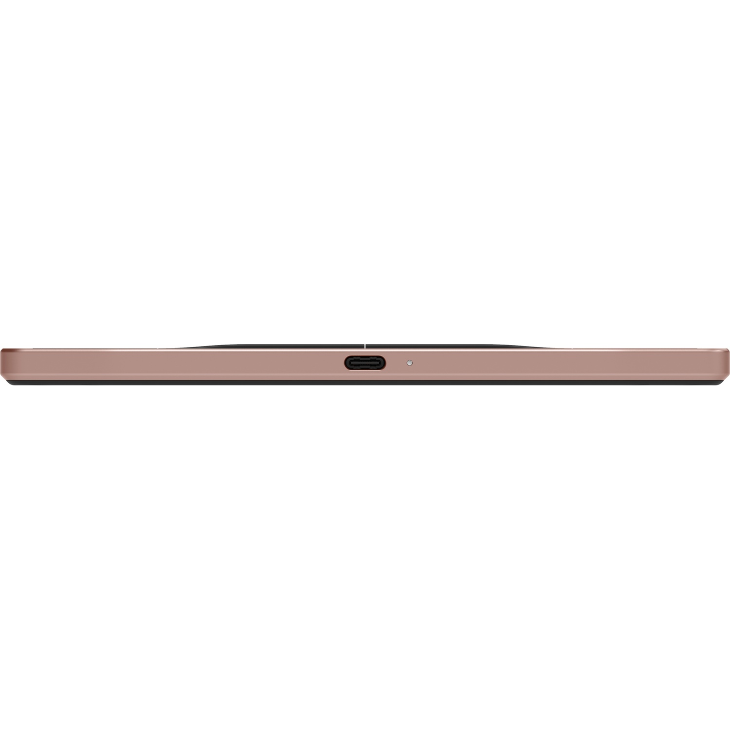 Onderaanzicht van een roségouden smartphone met USB-C-poort en microfoongaatje op een witte achtergrond.